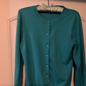 Vivid sky blue, round neck, button up cardigan sweater, size Large, full length
